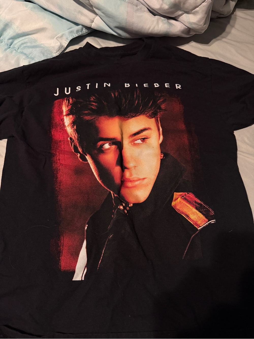Justin Bieber Black Tee with Red Portrait Graphic